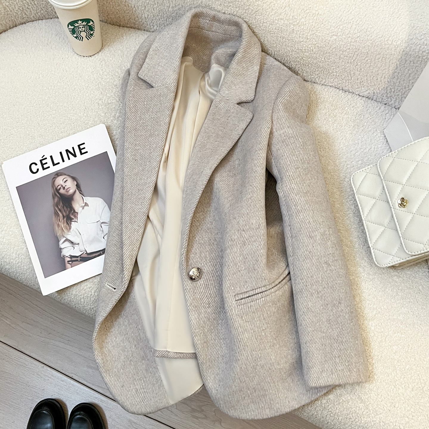 Beige Woolen Suit Jacket for Women 2025 New Autumn and Winter High-End British Style Versatile Suit for Small People