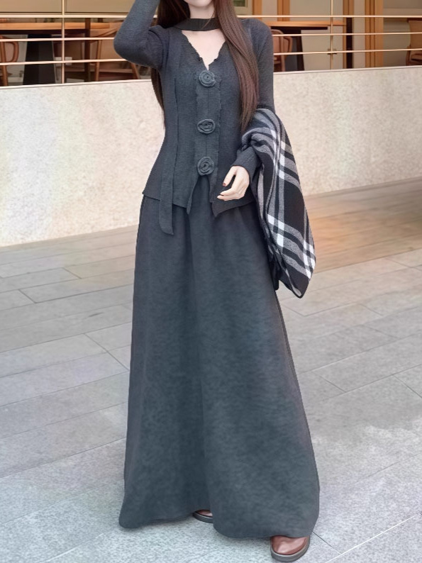 复古高级感针织连衣裙子套装2025秋冬新款女气质韩版毛衣一整套潮|undefined