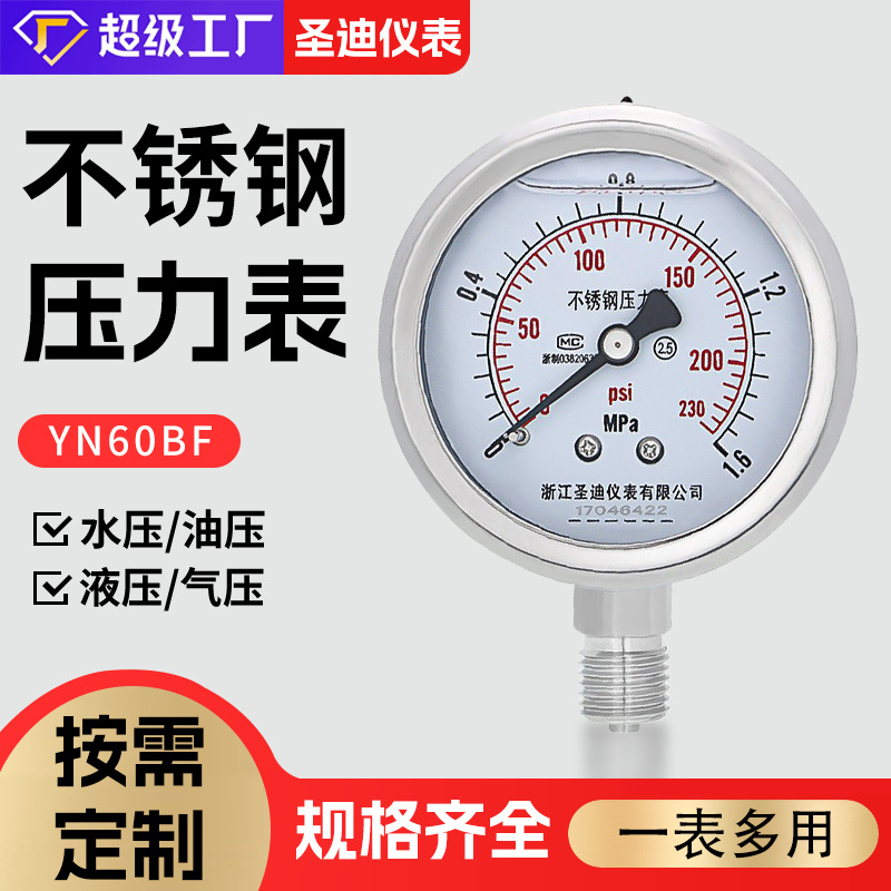 YN60BF 充硅油耐腐蚀耐高温耐低温 英制螺纹2分不锈钢耐震压力表
