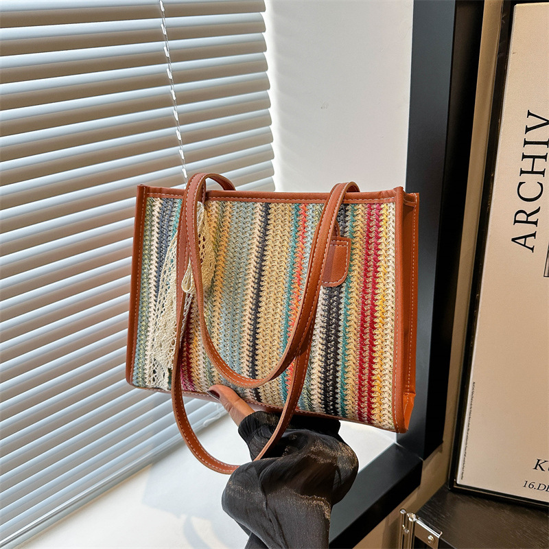 Bolsa de paja de verano arcoíris nueva moda para mujeres de viaje mochila de tejer vacaciones de playa bolsa de tote