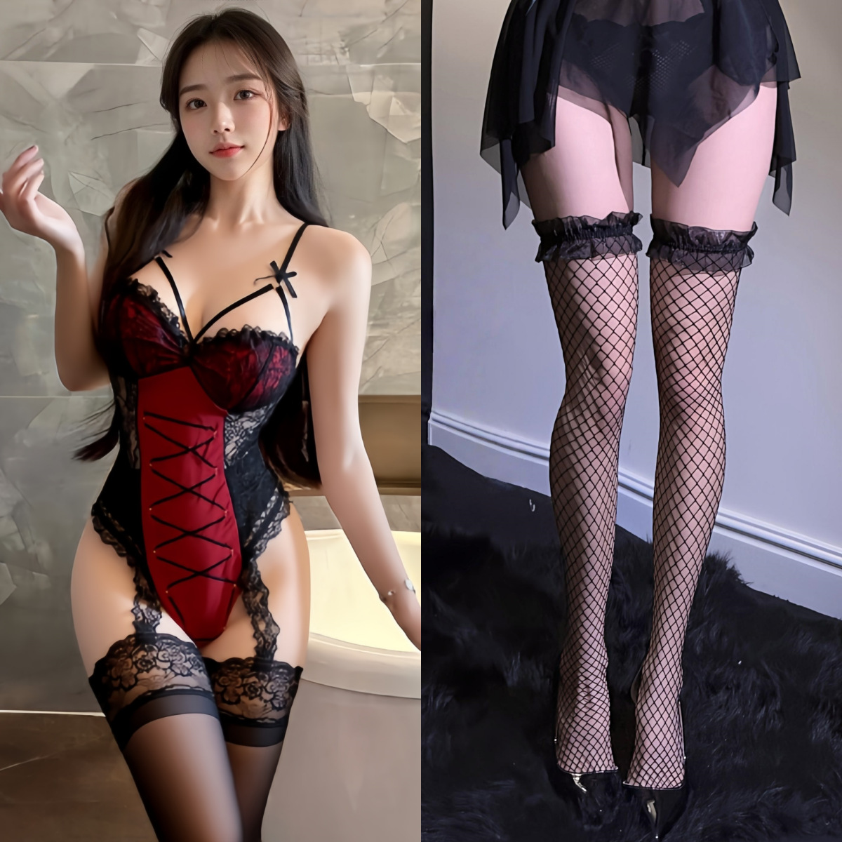 점프수트 + 망사스타킹