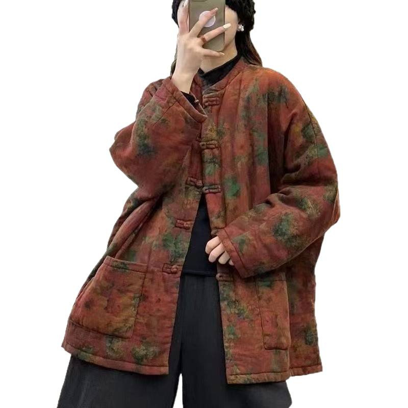 复古印花夹棉加厚棉袄外套女2025年冬季新款宽松休闲舒适保暖棉服|undefined