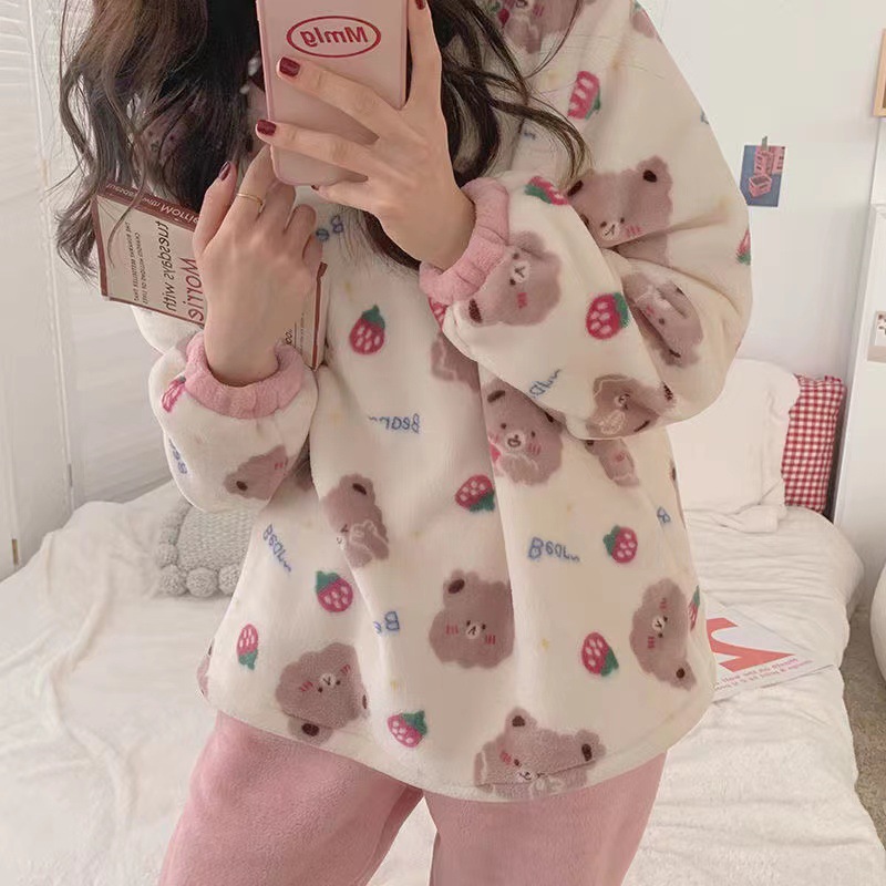 Pijamas de invierno las mujeres coral fleece dulce lindo Otoño e Invierno engrosada franela corte princesa estilo desgaste del hogar traje