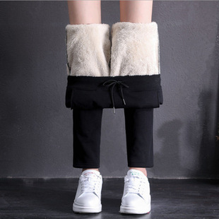 2023 Autumn and Winter Lamb Velvet Thickened Stuffed Warm Outerwear Drawstring Sports Pants Women's Large Size Loose Casual Cotton Pants Women