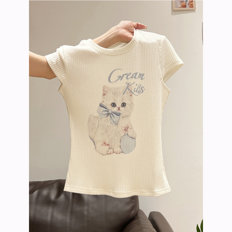 Cute Cat Print Design Short Sleeve T-Shirt for Women, 2026 Summer New Style, Round Neck, Regular Shoulder, Slim Fit Top
