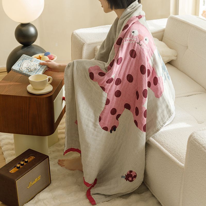 Japanese-style cartoon all-cotton bath towel four-layer gauze cotton and linen absorbent sweat quick-drying large towel bath towel thin blanket