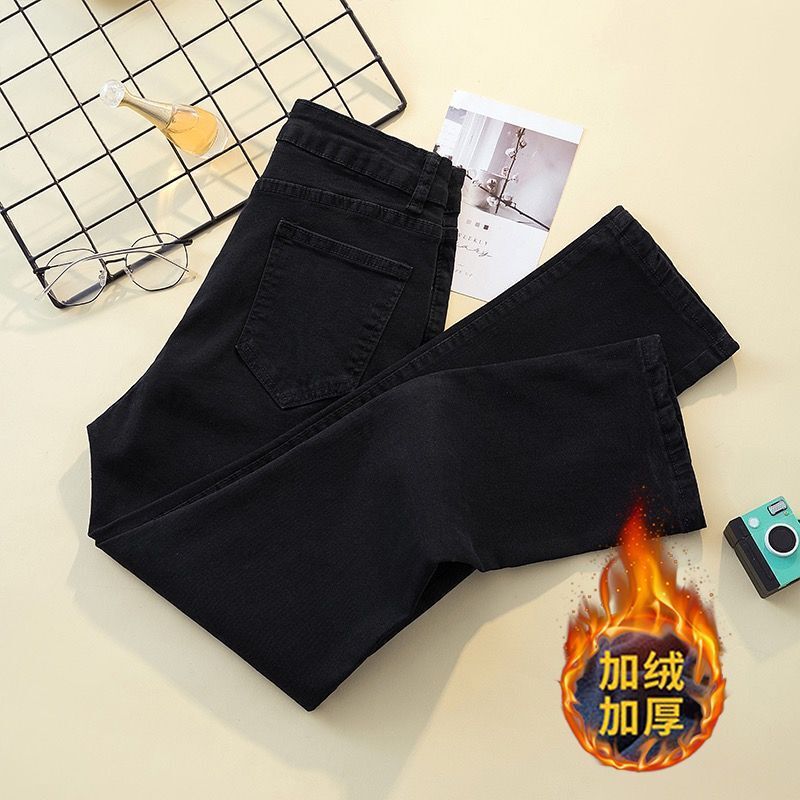 Black Straight-Leg Jeans Autumn and Winter Fleece-Lined New High-Waisted Slimming Loose Petite Narrow Cigarette Pipe Stacked Long Pants