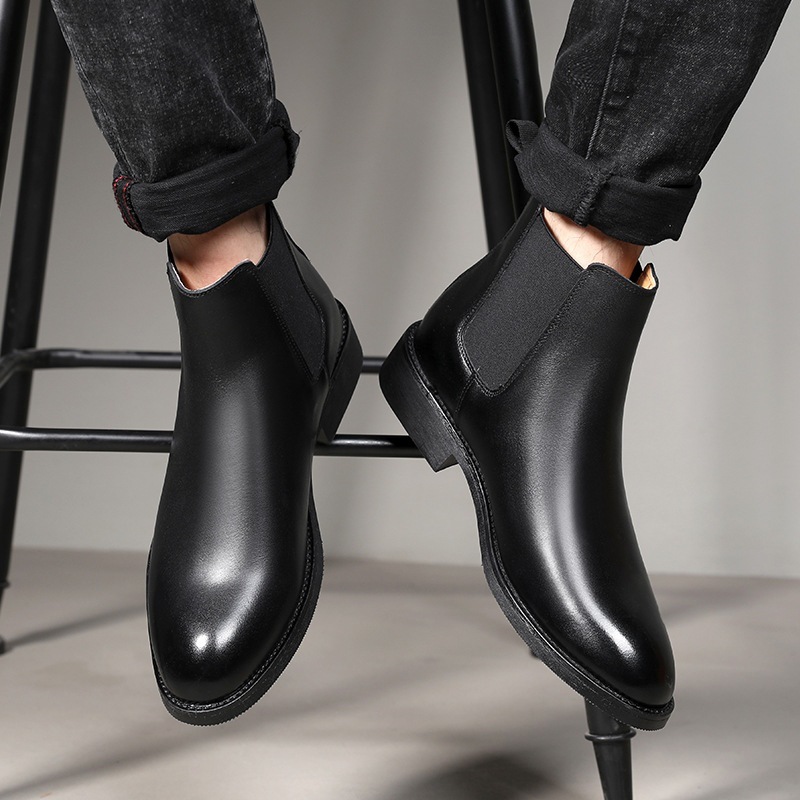 Men's Leather High-top Boots Pointed-toe Slip-on Chukka Shoes_voghion.com