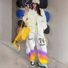 欧货秋季大码新款时尚休闲服宽松运动套装百搭工装卫衣卫裤两件套