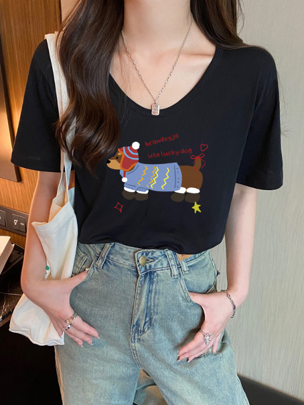美式复古正肩V领短袖t恤女夏季竹节棉薄款大码宽松显瘦上衣小个子|undefined