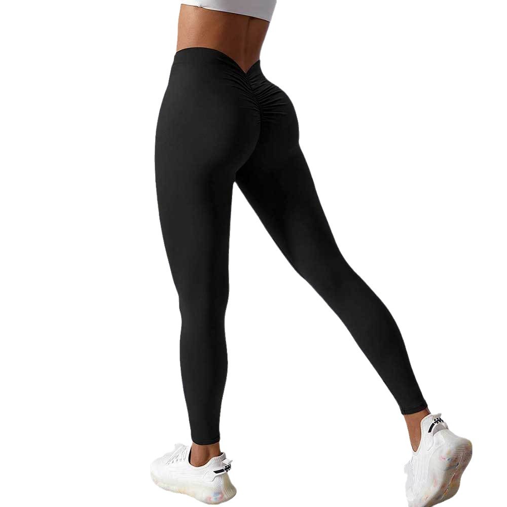 Color sólido cintura espalda V arruga cadera levantamiento nude recortada pantalones de yoga elástico alto transpirable de secado rápido pantalones de fitness para mujeres
