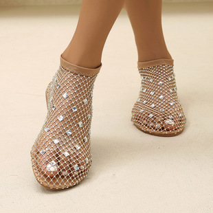 Cross-Border European and American Sexy Large Hot Diamond Fishnet Socks Sandals for Women 2025 New Round Toe Flats Sandals Export Large Size 43