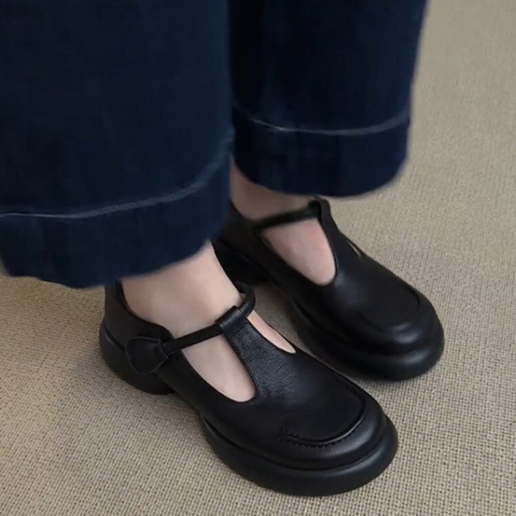 羊皮版~真皮复古简约圆头厚底玛丽珍鞋女通勤百搭黑色小皮鞋单鞋|undefined