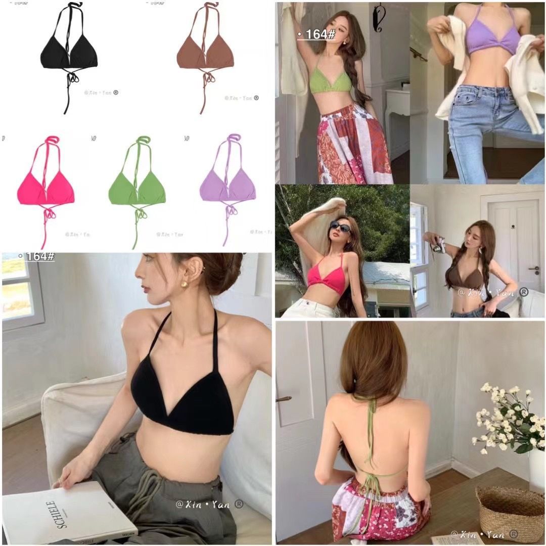 New summer French-style girly triangle bra, thin and breathable with thin straps, halter neck, tight-fitting beach bra for women.