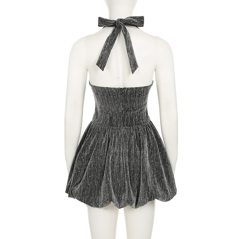 Bright Silk Thin Glittering Halter Dress Tube Top Cinched Waist A line Puffy Puffy dress