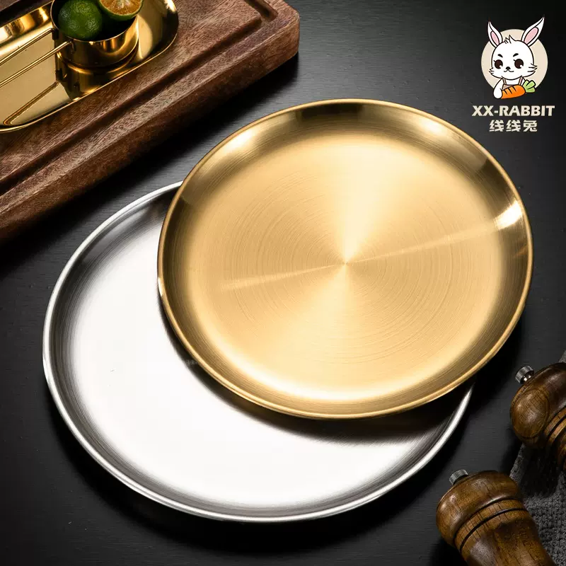 韩式餐具304不锈钢圆盘 定制加厚烤肉盘子金色托盘水果蛋糕骨碟