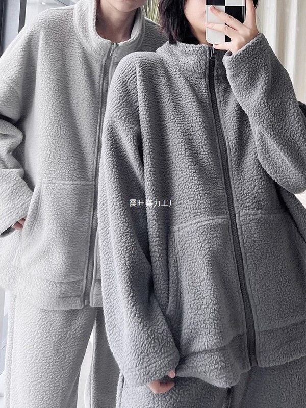 Polar Fleece Couple Pajamas Men's Long-Sleeved Suit Zipper Coral Velvet Simple Neutral Thickeneded Warm Women's Home Clothes