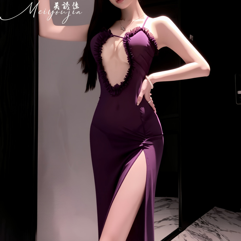 Beautiful and Alluring Erotic Lingerie, Sexy See-Through Sheer Nightgown, Transparent Hollow-Out Long Dress, Women's Sensual Clothing