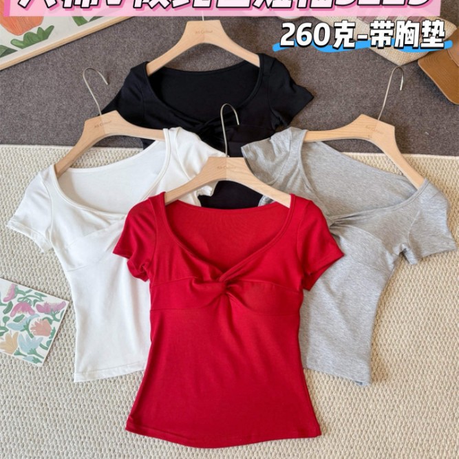 5229 # Hot Girl V-Neck Twist Short-Sleeve T-Shirt for Women, New Summer Design, Niche Versatile Slim-Fit Top
