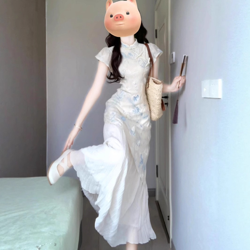 New Chinese Style National Style Printed Fake Two-Piece Dress Cheongsam Improved Young Girl Skirt Beautiful and Unique Long Skirt