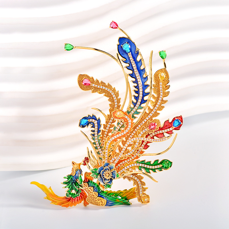 Elegant Phoenix Brooch with a Noble and Grand Enamel Design, Versatile Clothing Accessory for Qipao