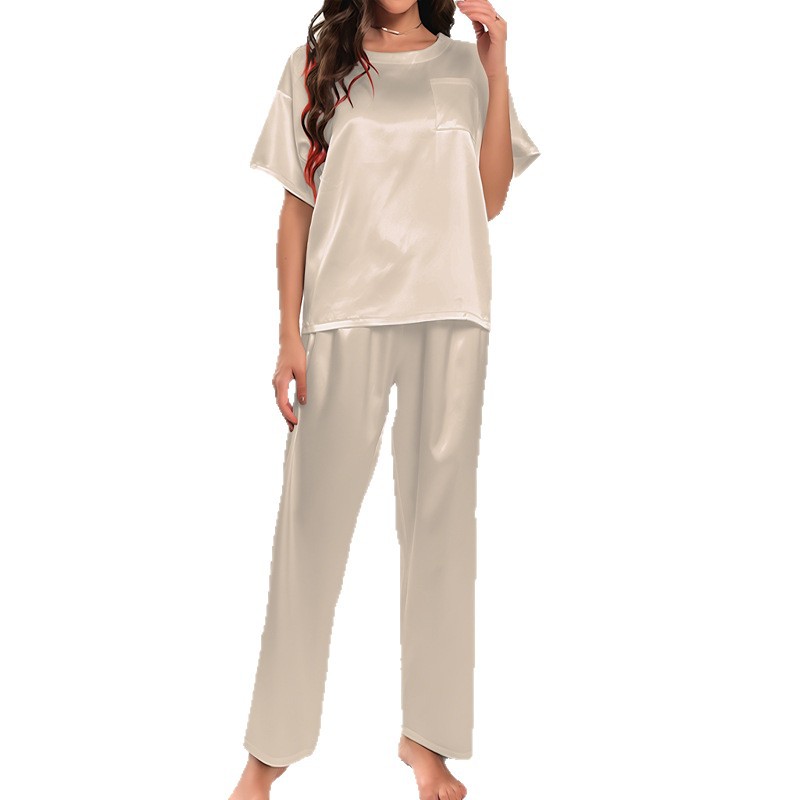 Nuevo estilo transfronterizo de manga corta pijamas sueltos pantalones de dos piezas con cuello redondo grande traje de servicio a domicilio de primavera, verano y otoño al por mayor