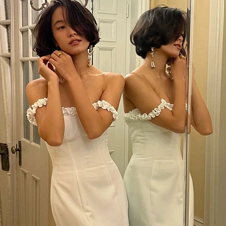 Легкое атласное свадебное платье с открытыми плечами, элегантное свадебное приталенное платье рыбий хвост из пряжи, простое приветственное винтажное платье во французском стиле для женщин