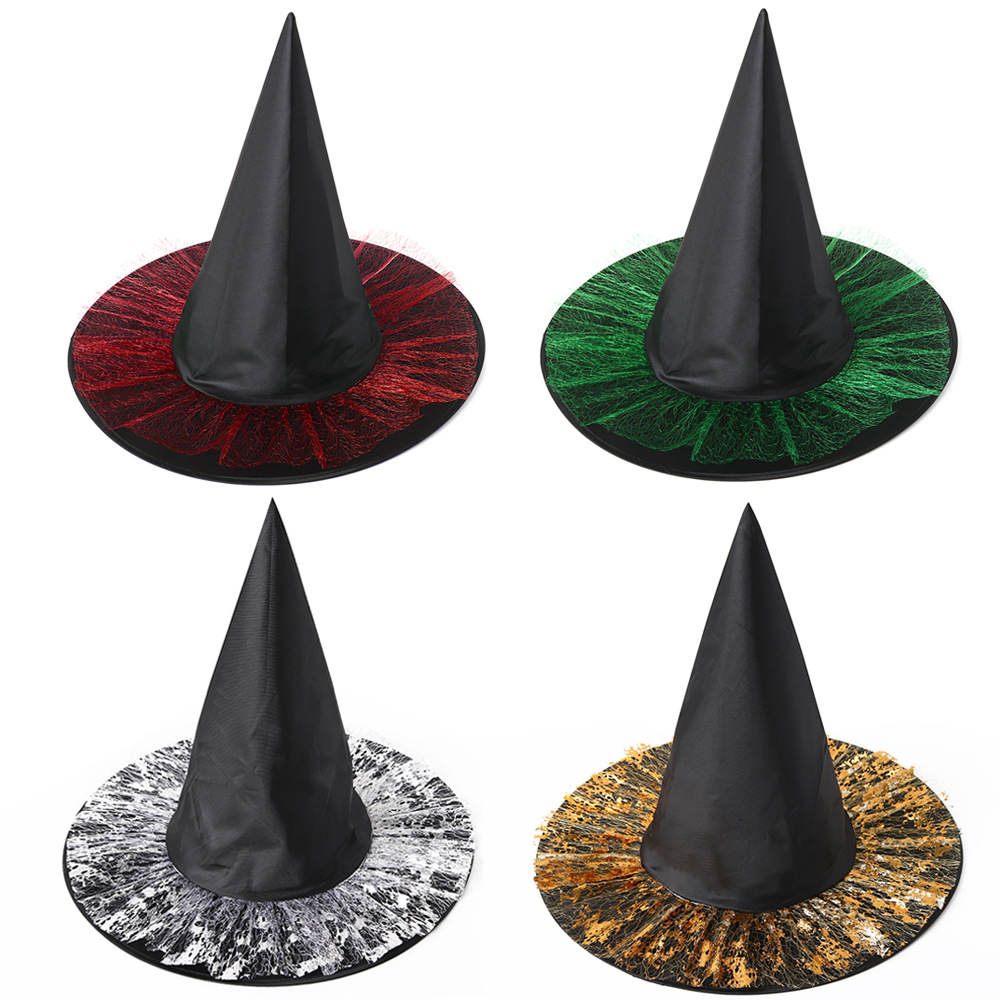 Sombrero de bruja de Halloween, accesorios de disfraces de maquillaje, punta negra, sombrero de bruja de encaje dorado, nuevo sombrero de bruja