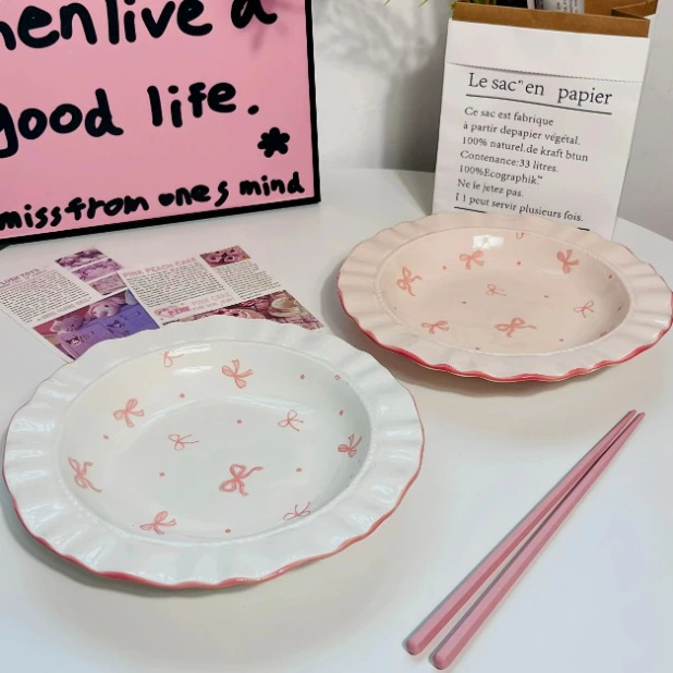 Tableware Set (Cute) with Bow Accent, Ceramic Dinnerware, Multiple Sizes 4.5–8.5 in