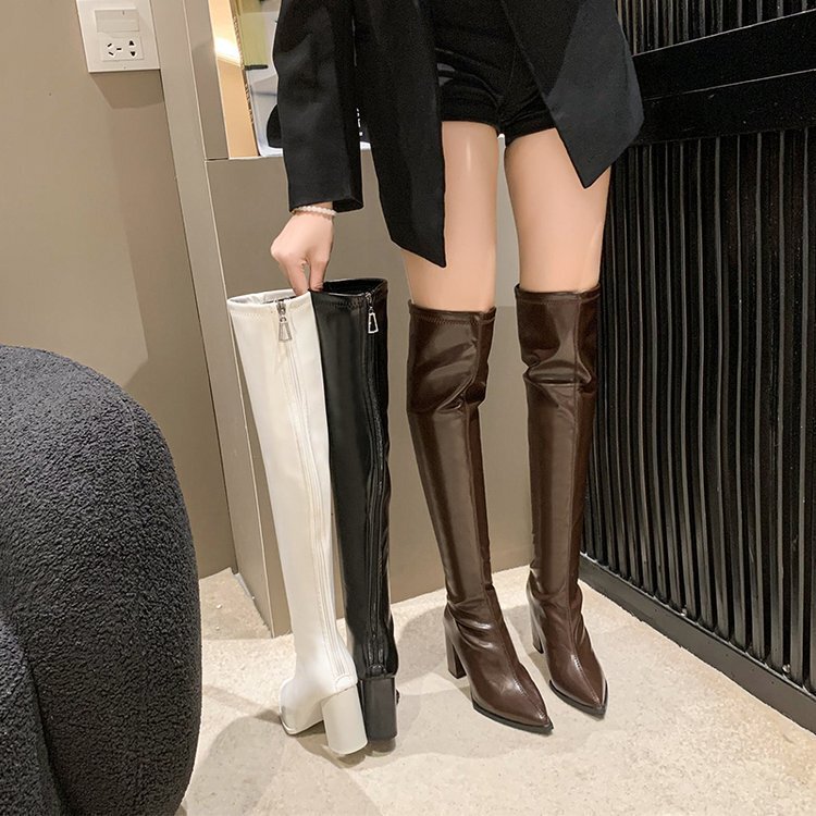 Long boots women's autumn and winter New long boots women's over-the-knee chunky high heel square toe soft leather surface thigh high heel long boots