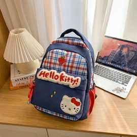 双肩包新款复古格子女大学生小众可爱卡通小猫大容量轻便书包