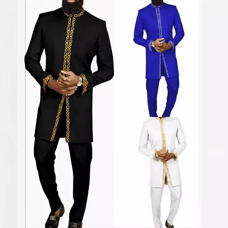 Traditional Muslim Foreign Trade Men's Long African-Style Embroidered Suit Wedding 2-Piece Set Long-Sleeve Shirt and Pants Traditional Muslim Foreign Trade Men's Long African-Style Embroidered Suit Wedding 2-Piece Set Long-Sleeve Shirt and Pants