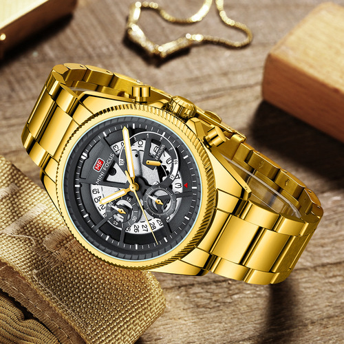 MINI FOCUS Watch Hollow Mechanical Style Men's Multi-functional Waterproof Quartz Watch Steel Strap Men's Watch 0490G