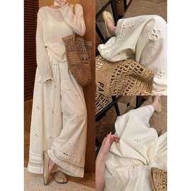 G4V韩国白色镂空蕾丝阔腿裤女夏季拼接刺绣直筒裤小个子慵懒风休