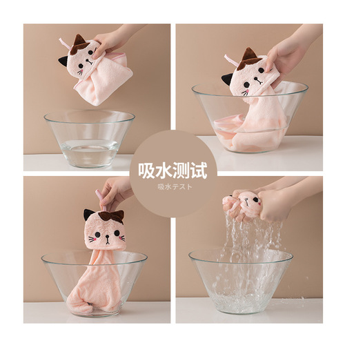 Coral velvet pocket cat embroidered hand towel bathroom hanging absorbent towel kitchen bathroom dual-use square towel wholesale