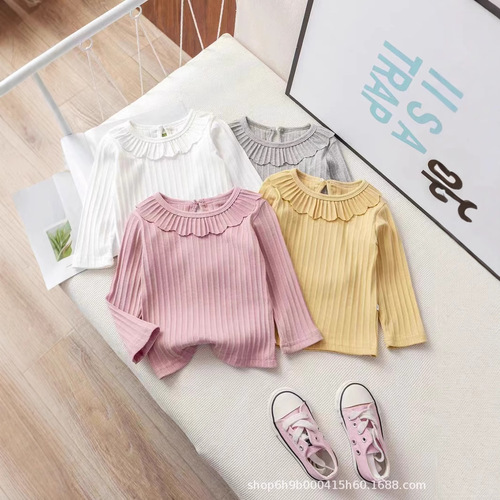 Girls' Long Sleeve T-Shirt Spring New Children Plain Color Thin Long Sleeve Base Shirt Middle Children Pure Cotton Collar T