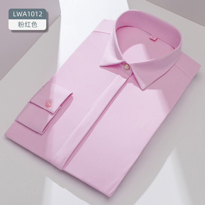 Camisa de negocios de manga larga, color liso, elástica, corte ajustado, ropa de trabajo blanca, ropa formal, ropa profesional, camisa elegante de fibra de bambú para mujer. image 15