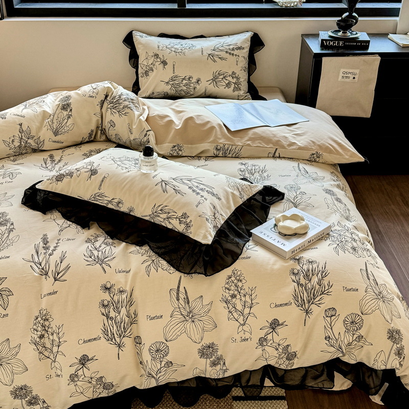 Nordic French Vintage Boho French Vintage Style Floral Skch Pure Four-piece S, 100% Cotton Bed Duv Cover, Fitted She, Three-piece Bedding_voghion.com