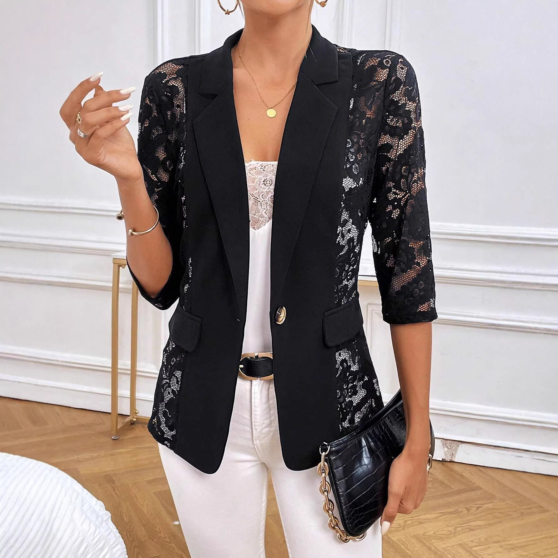 Elegant Lace Patchwork Blazer For Women Solid Colour Suit Jacket_voghion.com