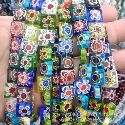 Single Flower Square Mixed Color Thousand-Flower Glass Spacer Beads, Multiple Sizes Available, Glass Loose Beads DIY Jewelry Accessories Wholesale