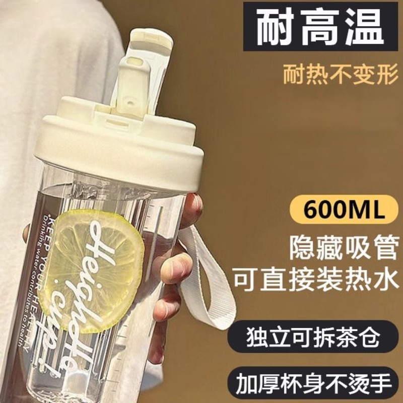 Nuevo estilo para niñas 2025 taza de pajita de alto valor taza de agua resistente a altas temperaturas taza de plástico de separación de té portátil para estudiantes hombres