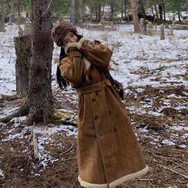 2025冬季新款防风保暖加厚加绒仿羊羔毛皮毛一体长款时尚大衣外套