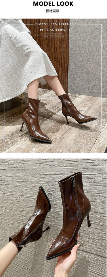 Bốt ngắn nữ mũi nhọn gót cao 6–8 cm chất liệu co giãn ôm chân, khóa kéo bên — Màu nâu, Màu nâu lót nhung, Màu trắng be, Màu đen chi tiết 5