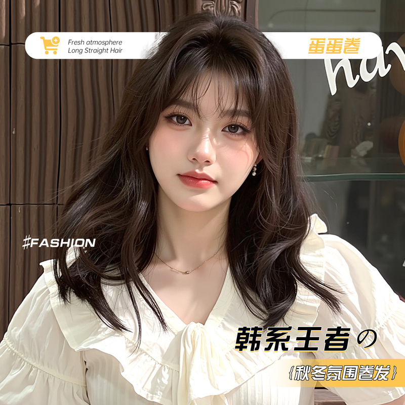 Korean wig women's short hair headband bangs medium long hair curly hair black brown wig full head cover factory in stock wholesale