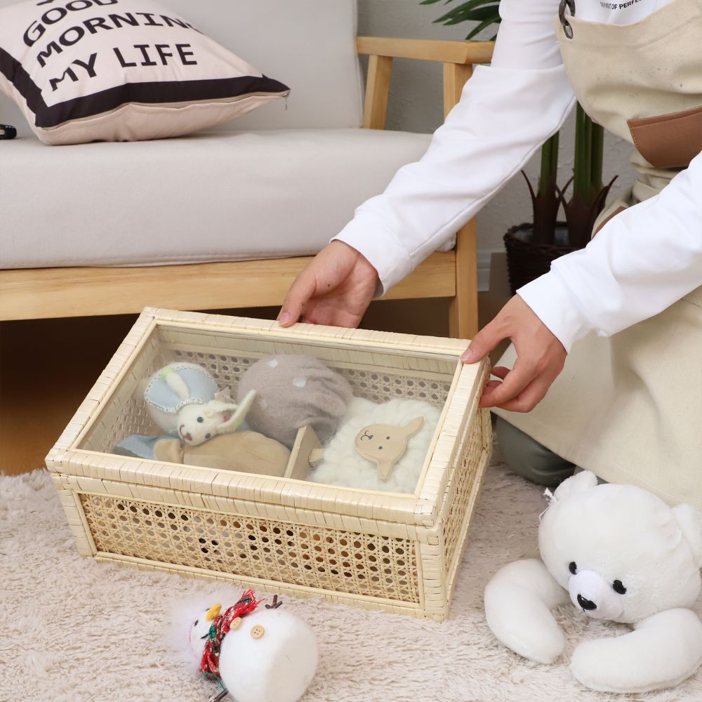 Cesta de almacenamiento de caña personalizada transfronteriza tejida a mano cubierta caja de almacenamiento de juguetes libros de escritorio cesta de almacenamiento