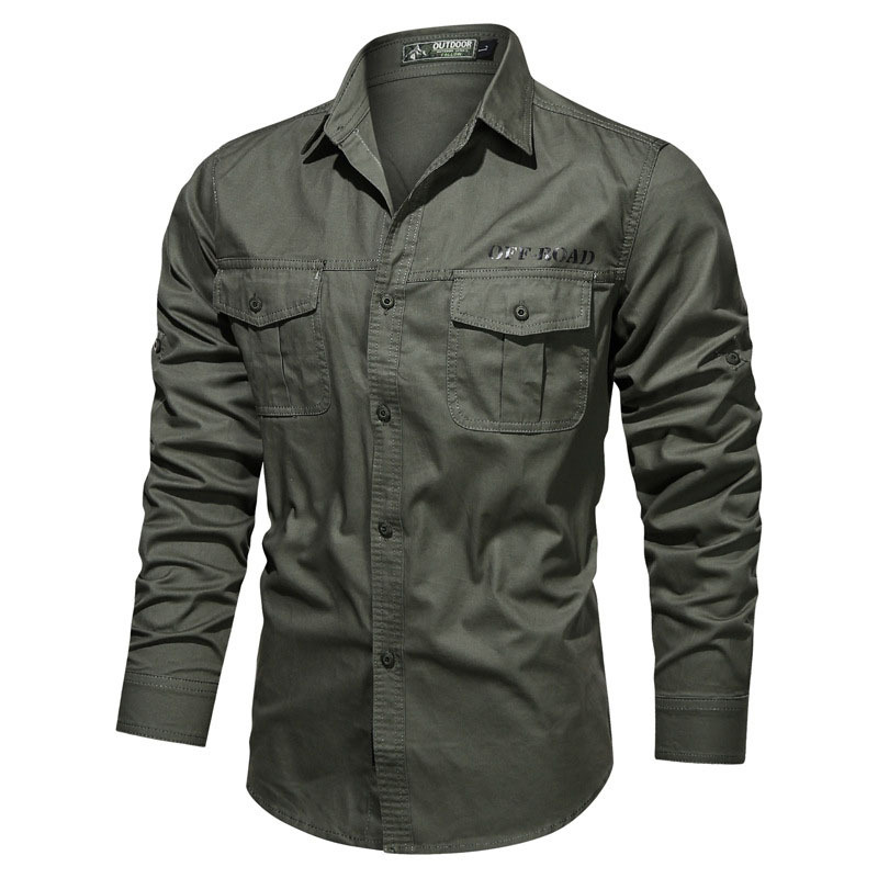 Camisa táctica de manga larga para hombre transfronteriza otoño camisa de ropa de trabajo de color sólido camisa de cuello de soporte militar casual de mediana edad al por mayor