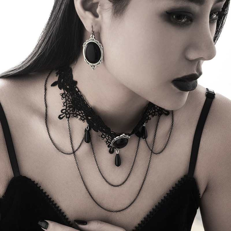 欧米国境を越えたゴシック風暗黒宝石水滴流蘇ネックレス女甘い黒レース首輪choker|undefined