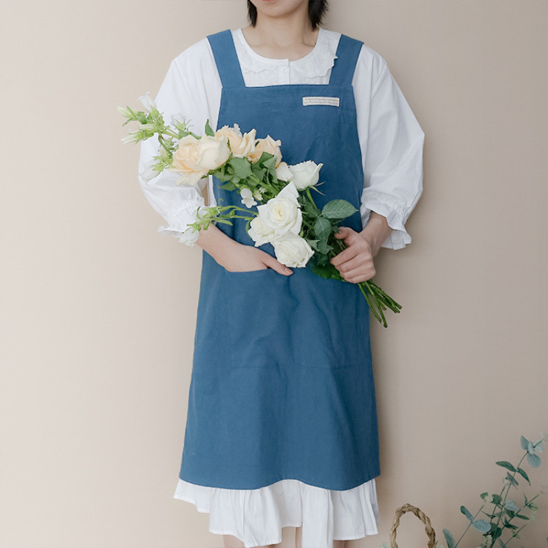新型綿質エプロン純色日韓シンプル水洗い綿幅肩帯カバーキッチン花屋家庭用エプロン卸売り|undefined