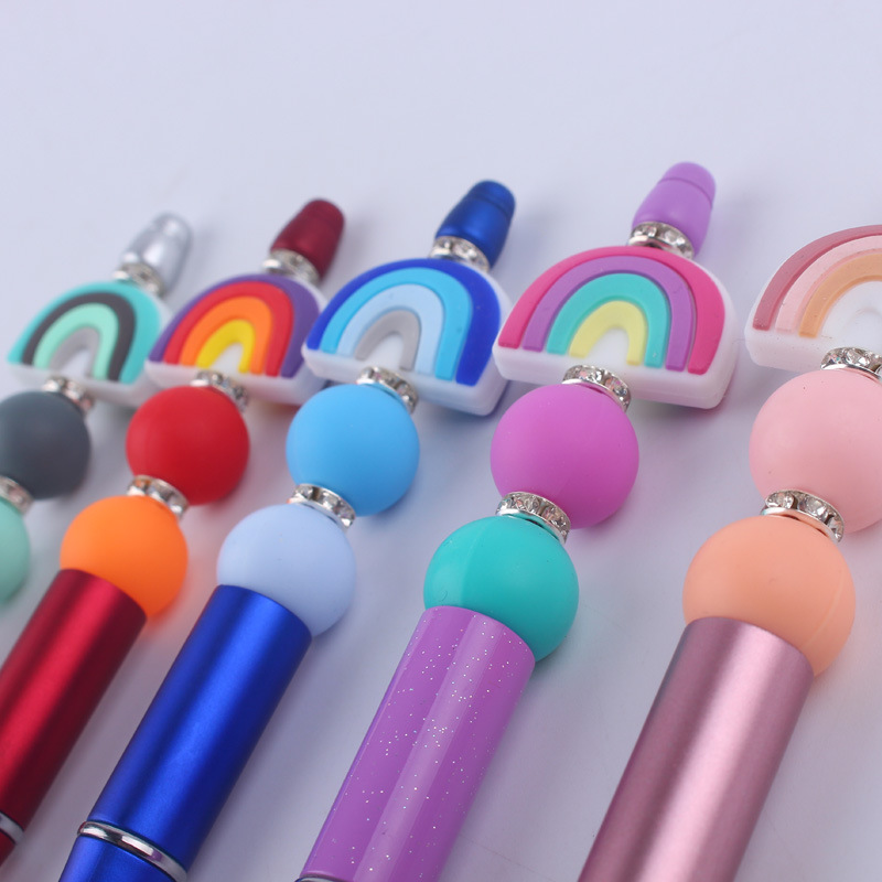 Learning Occasion Plastic Material Solid Color Pattern New Beaded Pen Spot Diy Creative Handmade Rainbow Silicone Teether Beads Beaded Pen Color Plastic Writing Pen