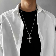 欧美时尚多层镶钻十字架项链男潮牌个性长吊坠朋克设计感毛衣链